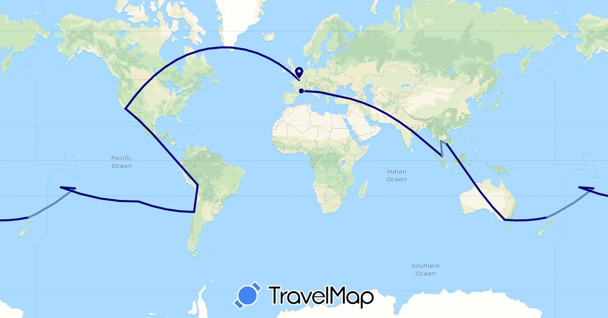 TravelMap itinerary: driving, cycling in Australia, Bolivia, Cook Islands, Chile, France, Cambodia, Malaysia, New Zealand, Thailand, Turkey, United States (Asia, Europe, North America, Oceania, South America)